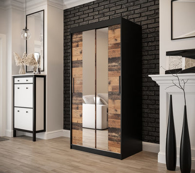 Tilburg I Sliding Door Wardrobe 100cm [Dark Oak & Black] - Lifestyle Image 