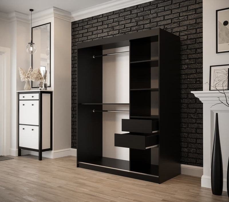 Tilburg I Sliding Door Wardrobe 150cm [Dark Oak & Black] - Optional Drawers [Purchased Separately]