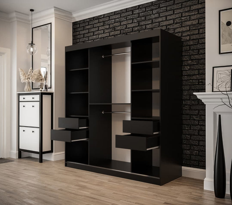 Tilburg I Sliding Door Wardrobe 180cm [Dark Oak & Black] - Optional Drawers [Purchased Separately]