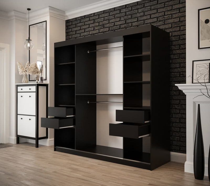 Tilburg Sliding Door Wardrobe 200cm [Dark Oak & Black] - Optional Drawers [Purchased Separately]