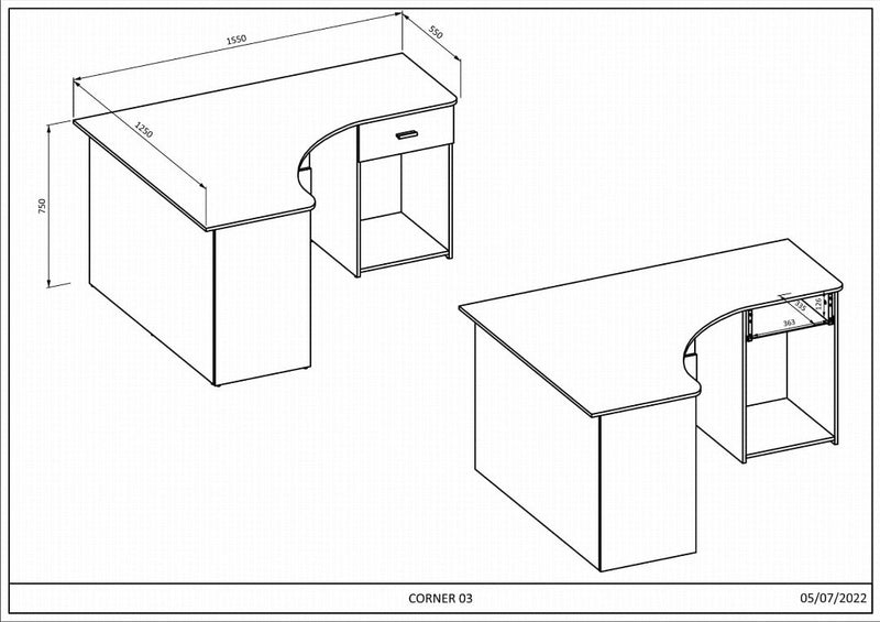 Corner Desk 155cm [Oak] - Dimensions Image