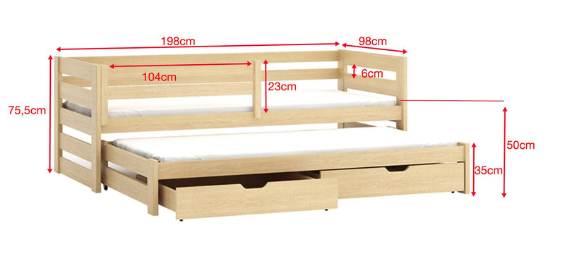 Wooden Double Bed Kubus with Trundle and Storage