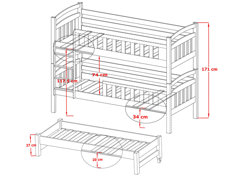 Wooden Bunk Bed Viki with Trundle and Storage